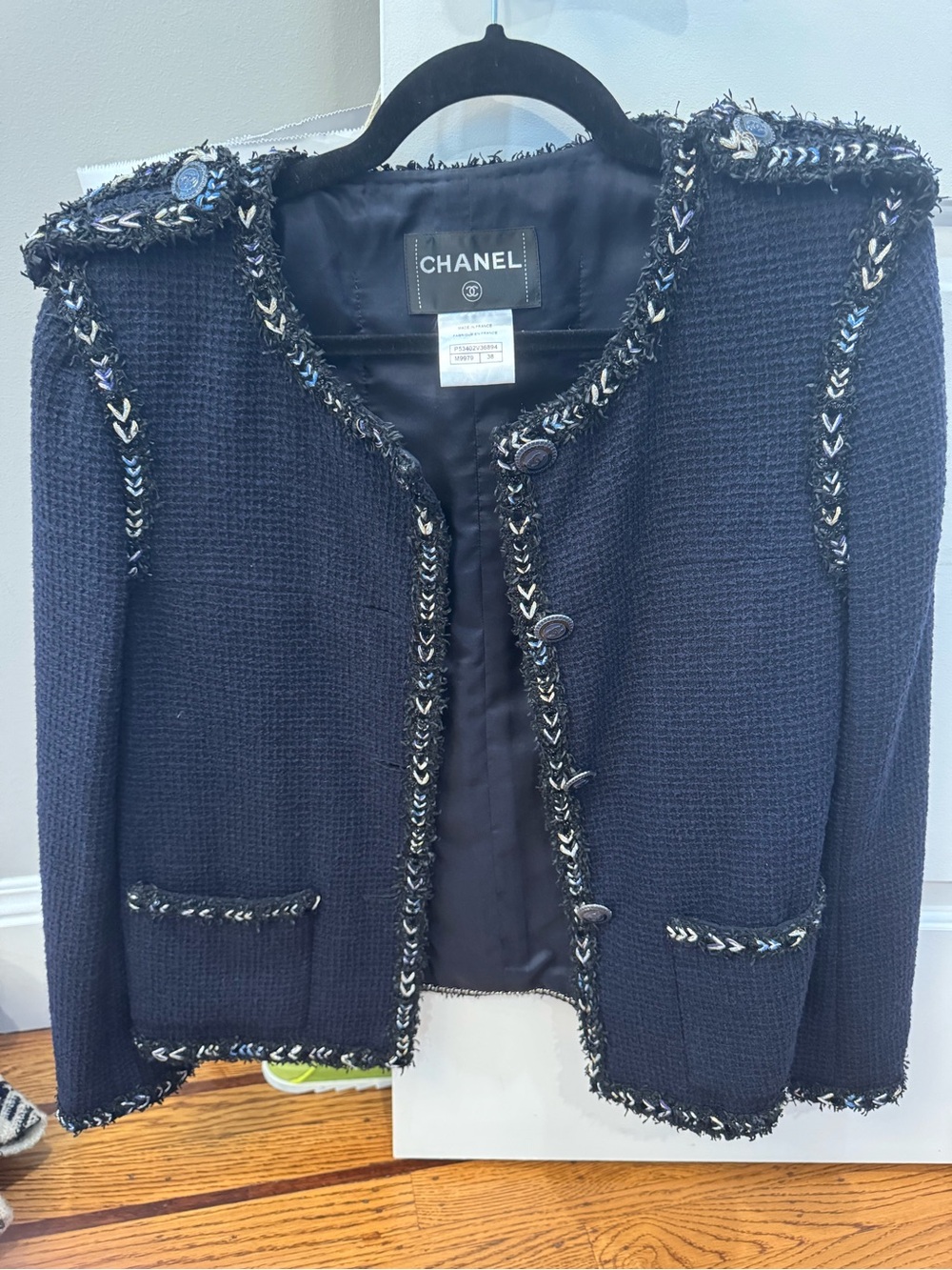 CHANEL Navy Blue Tweed Fringe Jacket Braided Trim CC Buttons Size 38